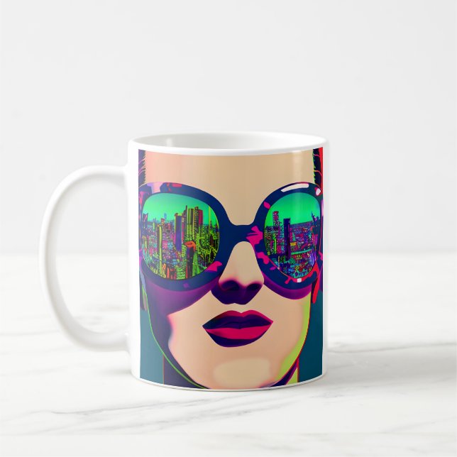 Colourful Art Woman in Sunglasses City Reflection  Coffee Mug (Left)