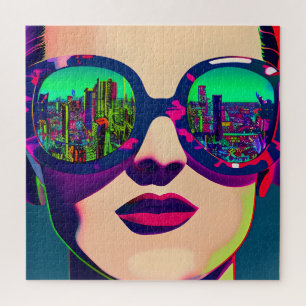 Colourful Art Woman in Sunglasses City Reflection  Jigsaw Puzzle