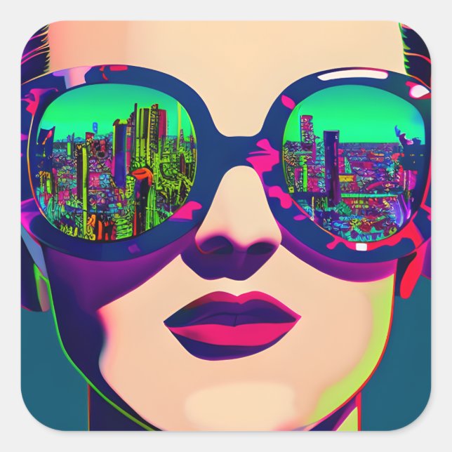 Colourful Art Woman in Sunglasses City Reflection  Square Sticker (Front)