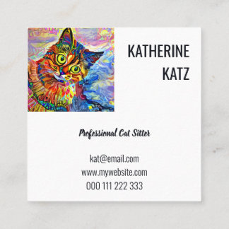 Colourful Artistic Cute Pet Cat Portrait Template  Square Business Card