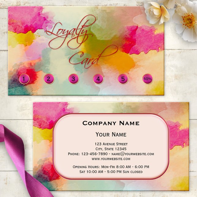 Colourful Artistic Loyalty Punch Card Business Car (A vibrant artistic watercolor loyalty business card with dots to mark punch holes or to cross out)