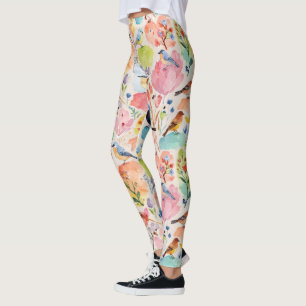Colourful Arty Birds and Flowers Watercolor Leggings