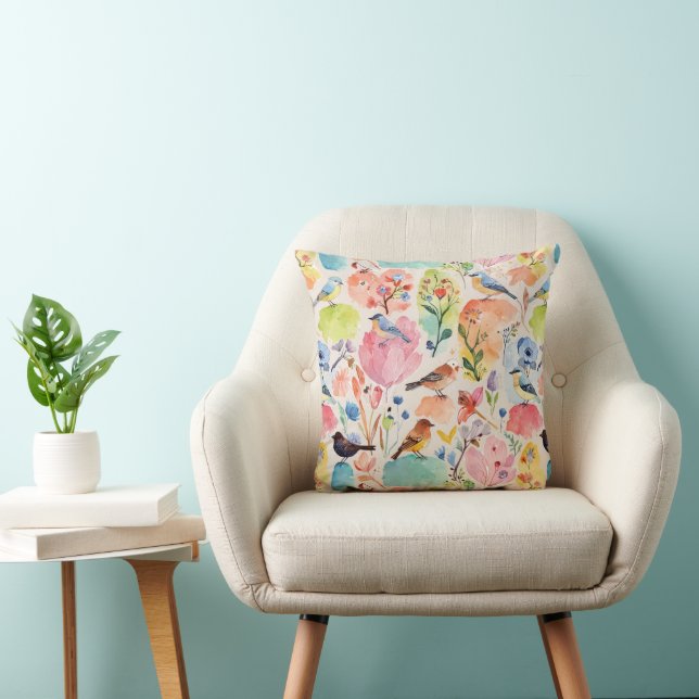 Colourful Arty Birds and Flowers Watercolor Throw Pillow (Chair)