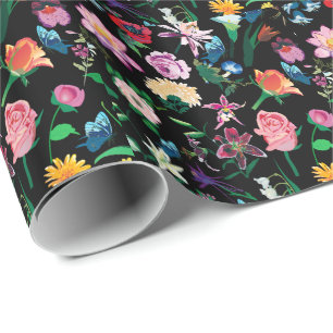 Colourful Assorted Flowers Custom Black Background Wrapping Paper
