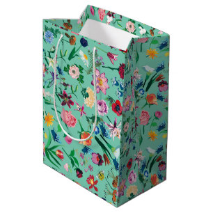 Colourful Assorted Spring Flowers Mint Background Medium Gift Bag