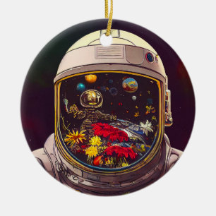Colourful Astronaut in Space with Flowers Artwork  Ceramic Ornament