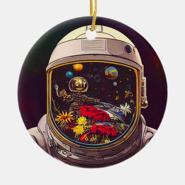 Colourful Astronaut in Space with Flowers Artwork  Ceramic Ornament (Front)