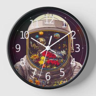 Colourful Astronaut in Space with Flowers Artwork Clock