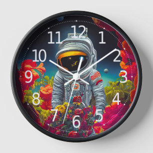 Colourful Astronaut in Space with Flowers Artwork  Clock