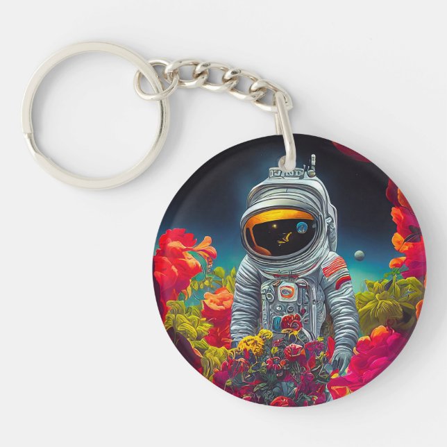 Colourful Astronaut in Space with Flowers Artwork  Keychain (Front)