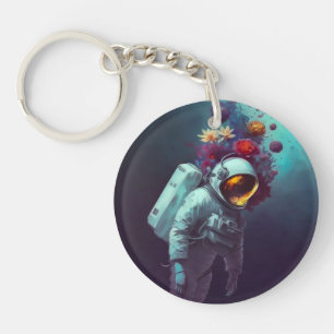 Colourful Astronaut in Space with Flowers Artwork  Keychain
