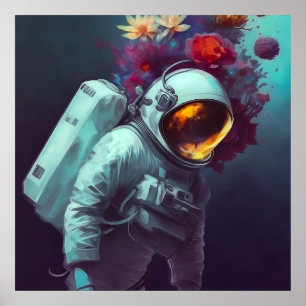 Colourful Astronaut in Space with Flowers Artwork  Poster
