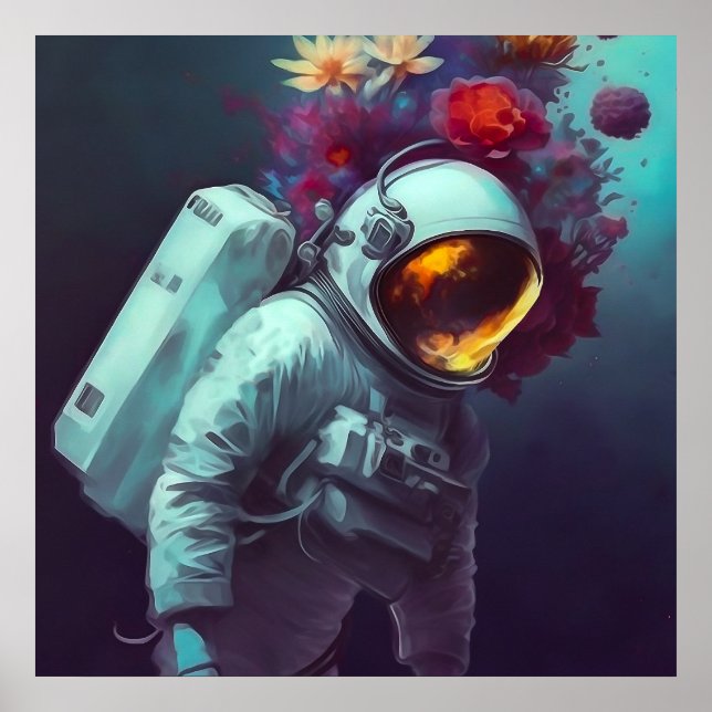 Colourful Astronaut in Space with Flowers Artwork  Poster (Front)