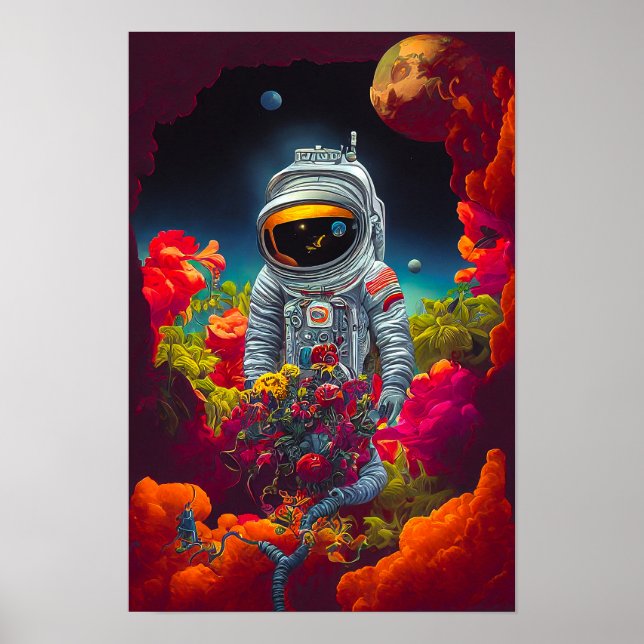 Colourful Astronaut in Space with Flowers Artwork  Poster (Front)