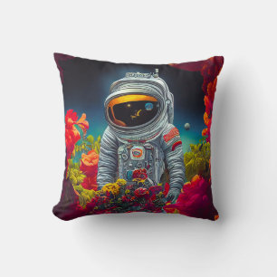 Colourful Astronaut in Space with Flowers Artwork  Throw Pillow