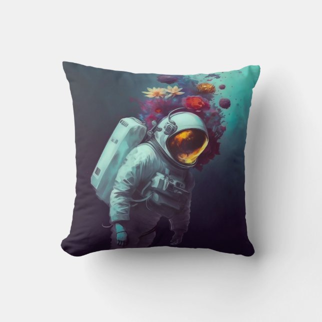 Colourful Astronaut in Space with Flowers Artwork  Throw Pillow (Front)