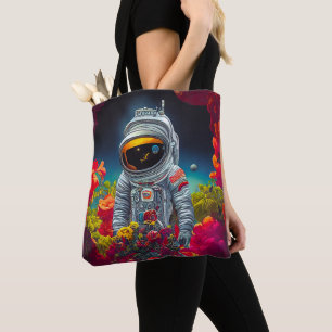 Colourful Astronaut in Space with Flowers Artwork Tote Bag