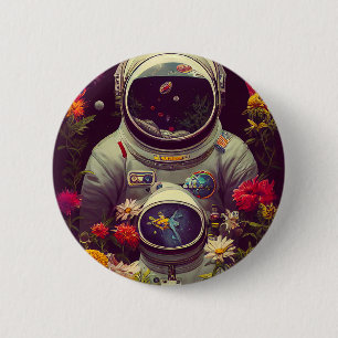 Colourful Astronauts in Space with Flowers Artwork 2 Inch Round Button