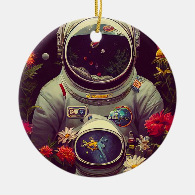 Colourful Astronauts in Space with Flowers Artwork Ceramic Ornament (Front)