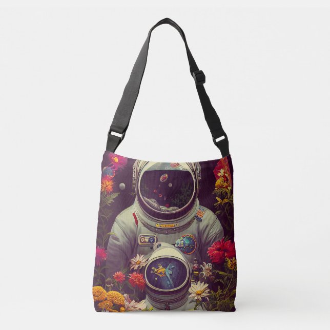 Colourful Astronauts in Space with Flowers Artwork Crossbody Bag (Front)