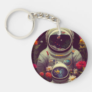 Colourful Astronauts in Space with Flowers Artwork Keychain