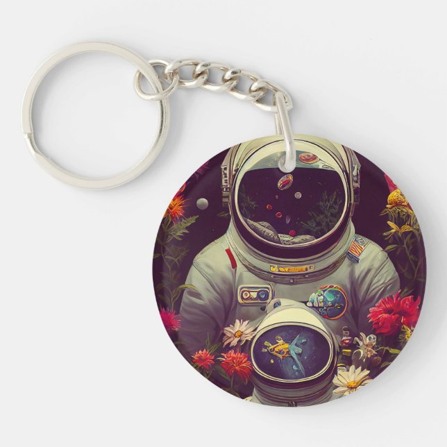 Colourful Astronauts in Space with Flowers Artwork Keychain (Front)