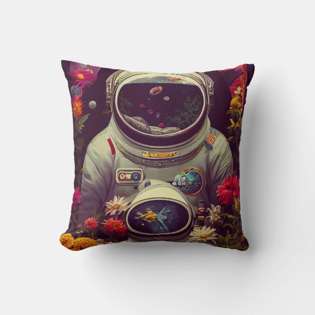 Colourful Astronauts in Space with Flowers Artwork Throw Pillow (Front)