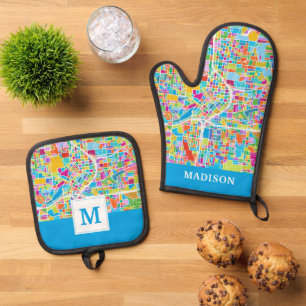 Colourful Atlanta Map Oven Mitt & Pot Holder Set