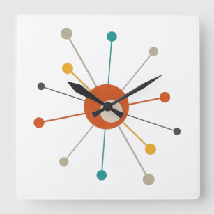 Colourful Atomic Age Starburst Mid Century Modern Square Wall Clock