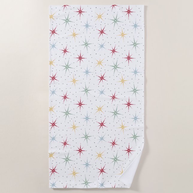 Colourful Atomic Age Starburst Mid-century Pattern Beach Towel (Front)