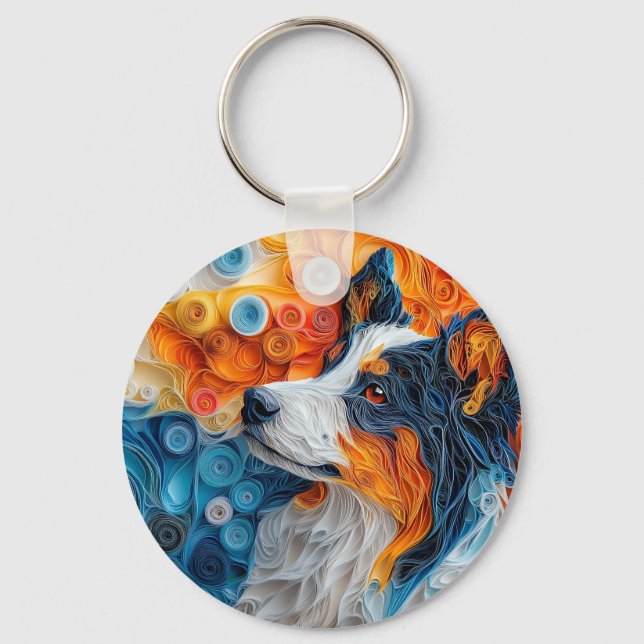 Colourful Australian Shepherd Dog Portrait Keychain (Front)