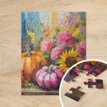 Colourful Autumn Floral and Pumpkins Jigsaw Puzzle<br><div class="desc">A vibrant, modern abstract painting showcasing a playful arrangement of pumpkins, sunflowers, and other fall foliage. Rich autumn hues like burnt orange, deep reds, pinks and golden yellows blend with soft brushstrokes and bold splashes of colour. The abstract style adds a contemporary flair to the traditional fall harvest theme, capturing...</div>