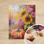 Colourful Autumn Floral and Pumpkins Jigsaw Puzzle<br><div class="desc">A vibrant, modern abstract painting showcasing a playful arrangement of pumpkins, sunflowers, and other fall foliage. Rich autumn hues like burnt orange, deep reds, pinks and golden yellows blend with soft brushstrokes and bold splashes of colour. The abstract style adds a contemporary flair to the traditional fall harvest theme, capturing...</div>