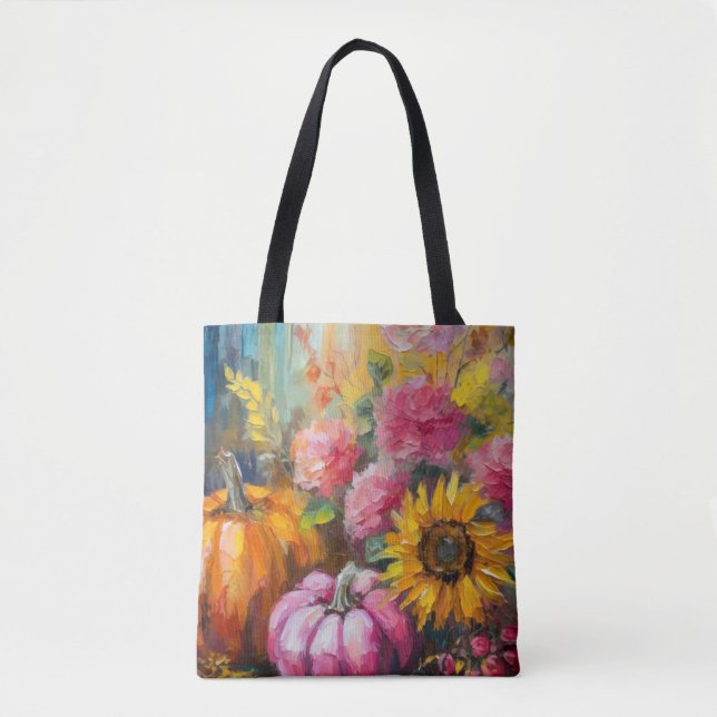 Colourful Autumn Floral and Pumpkins Tote Bag (Front)