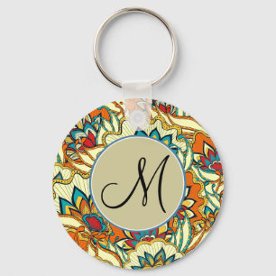 Colourful Autumn Floral Pattern Monogrammed Keychain