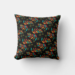 Colourful Autumn Leaf Pattern on Black Throw Pillow