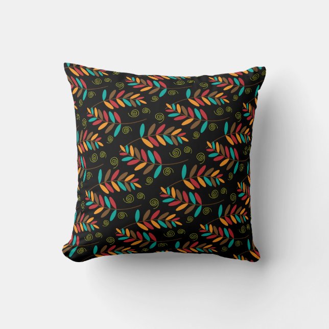 Colourful Autumn Leaf Pattern on Black Throw Pillow (Front)