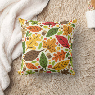 Colourful Autumn Leaves and Acorns Pattern Throw Pillow