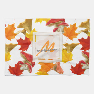 Colourful Autumn Leaves and Mushrooms Monogram Kitchen Towel