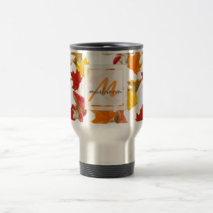 Colourful Autumn Leaves and Mushrooms Monogram Travel Mug