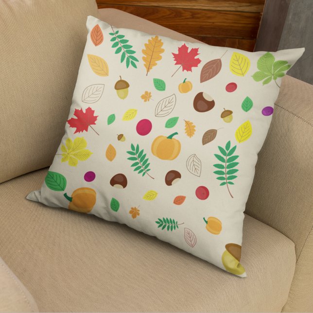 Colourful Autumn Leaves Berries Pumpkin Pattern Throw Pillow (Creator Uploaded)