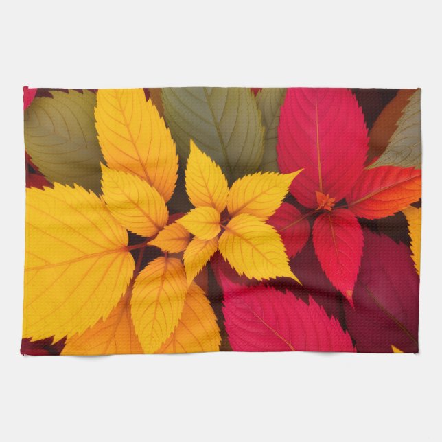 Colourful Autumn Leaves Botanical Design Kitchen Towel (Horizontal)