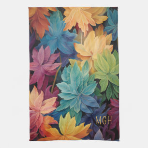 Colourful Autumn Leaves Custom Monogram Kitchen Towel