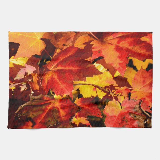 Colourful Autumn Leaves, gold red orange maple lea Kitchen Towel (Horizontal)