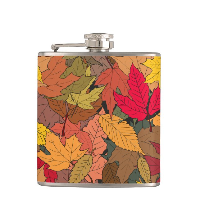 Colourful autumn leaves hip flask (Front)
