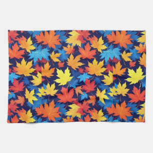 Colourful Autumn Leaves On Dark Blue Background Kitchen Towel