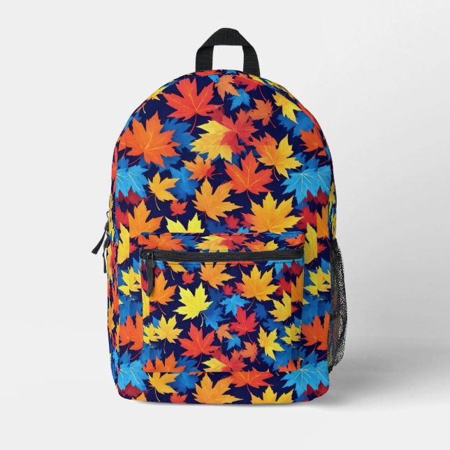 Colourful Autumn Leaves On Dark Blue Background Printed Backpack (Front)