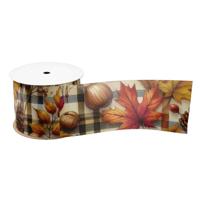 Colourful Autumn Leaves on Plaid  Satin Ribbon (Spool)