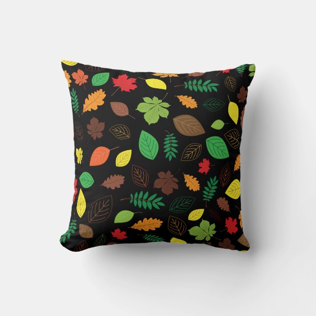 Colourful Autumn Leaves Pattern on Black Throw Pillow (Front)