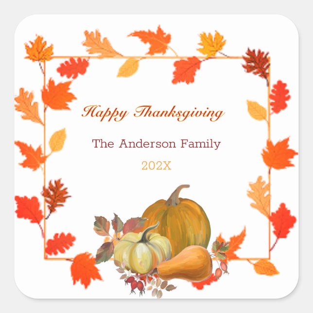 Colourful Autumn Leaves Pumpkins Thanksgiving   Square Sticker (Front)